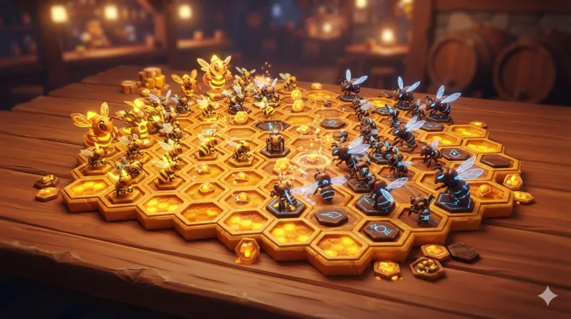 Comb and Conquer key art: a hexagonal honeycomb strategy board covered with glowing bee pieces