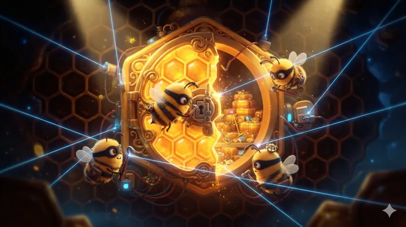 Hive Heist key art: masked bees cracking a glowing golden honeycomb vault