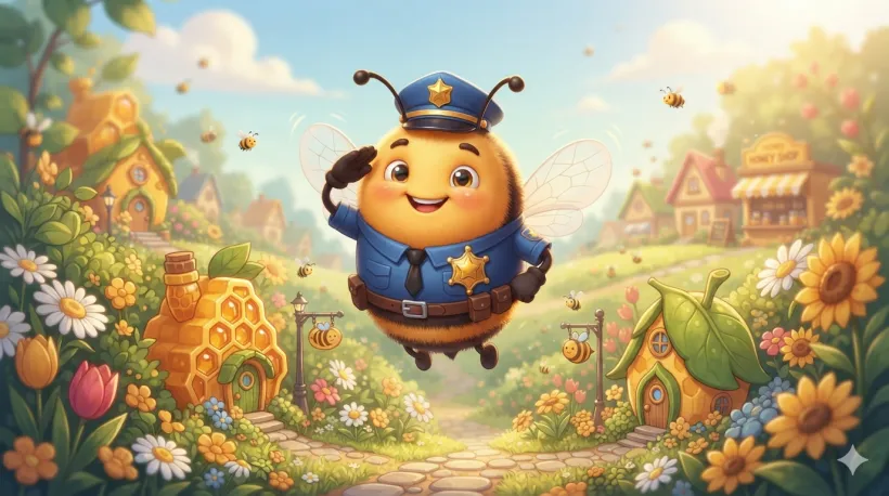 BeeCop Patrol key art: a cute bee police mascot with a gold badge over a flower-garden village