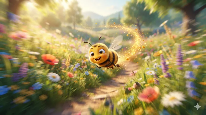 Pollen Run key art: a speedy bee dashing through a sunlit meadow with a golden pollen trail