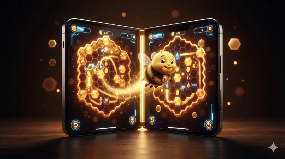 One MyBeeCop game level spanning both panels of an open iPhone Duo, a bee flying across the glowing honeycomb world